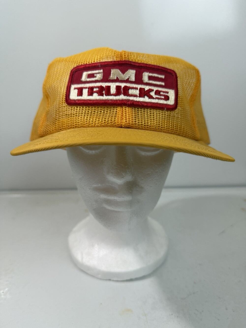 Vintage GMC Trucks Louisville MFG Co Mesh Snapback Trucker Hat Yellow USA